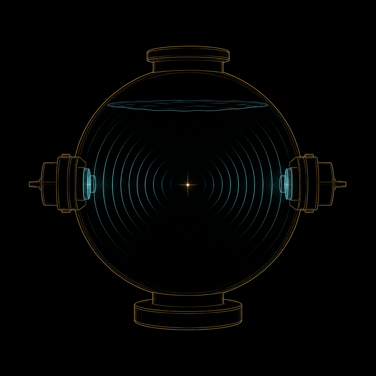 Diagrama da cadeia sônica: transdutor de cristal emitindo ondas ultrassônicas para dentro de um ressonador esférico com água, com uma bolha luminosa no centro
