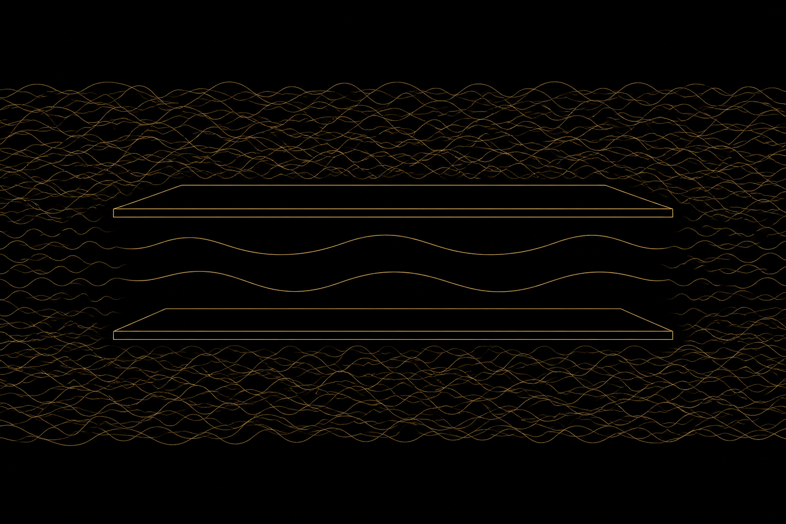 Diagrama de duas placas paralelas com poucas ondas suaves confinadas entre elas e um mar denso e caótico de ondas fora delas, ilustrando o efeito Casimir